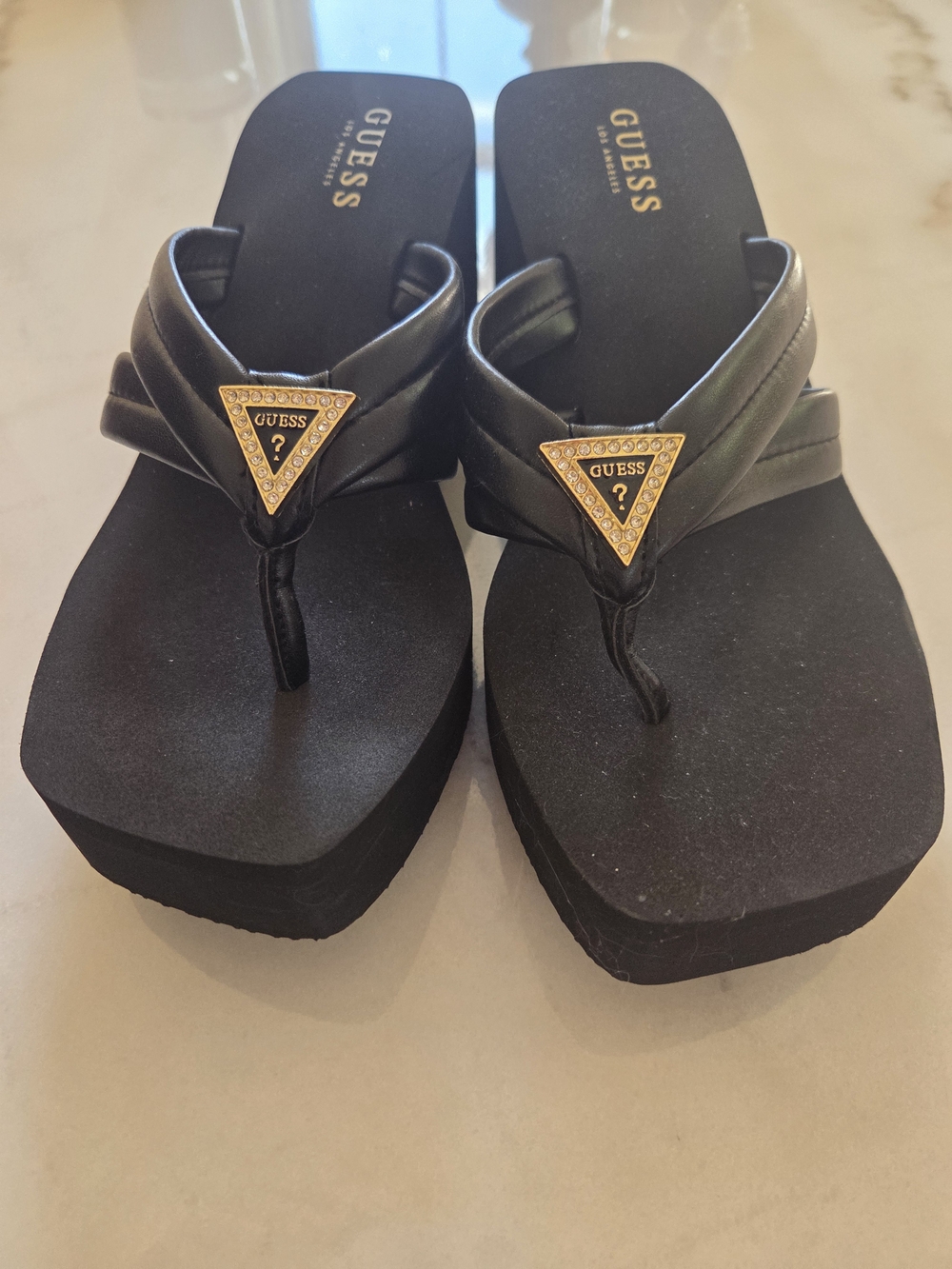 GUESS Black Platform Thong Sandals with Gold Triangle Logo Size 9